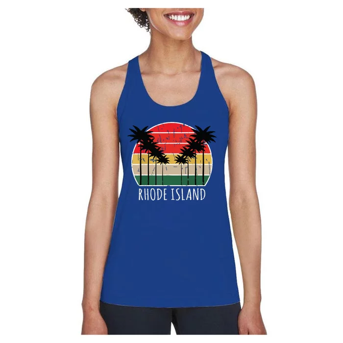 Palm Tree Distressed Rhode Island Beach Sunset Design Women's Racerback Tank