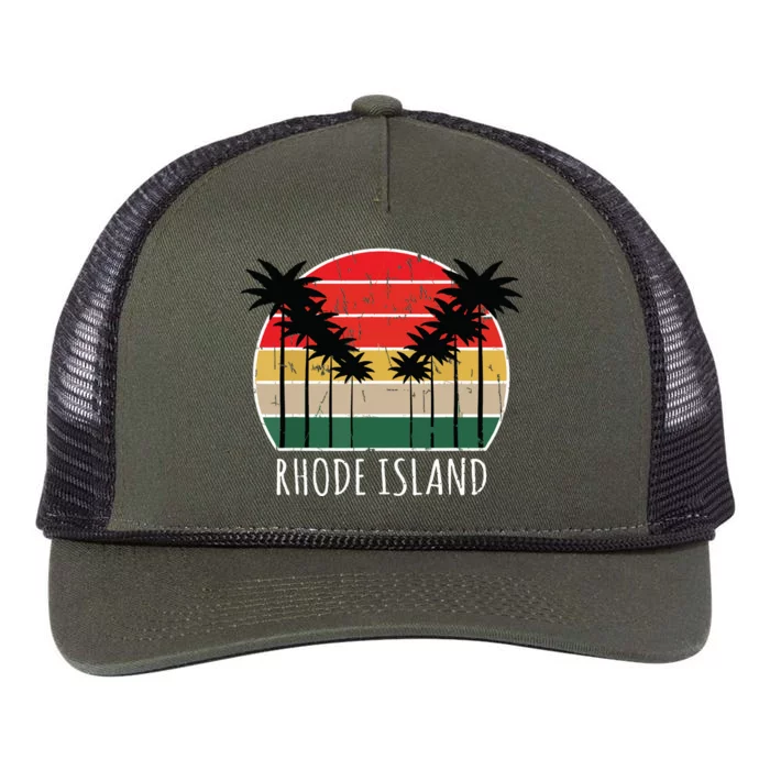 Palm Tree Distressed Rhode Island Beach Sunset Design Retro Rope Trucker Hat Cap