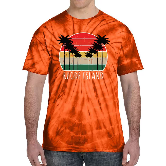 Palm Tree Distressed Rhode Island Beach Sunset Design Tie-Dye T-Shirt