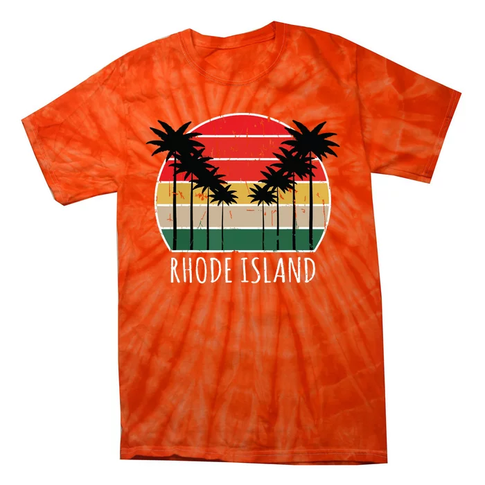 Palm Tree Distressed Rhode Island Beach Sunset Design Tie-Dye T-Shirt