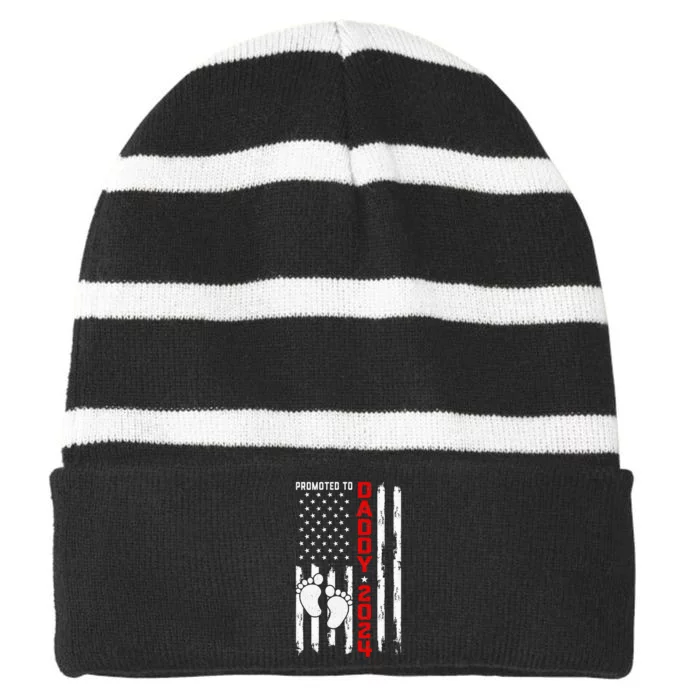 Promoted To Daddy 2024 First Time Fathers Day New Dad Gift Striped Beanie with Solid Band