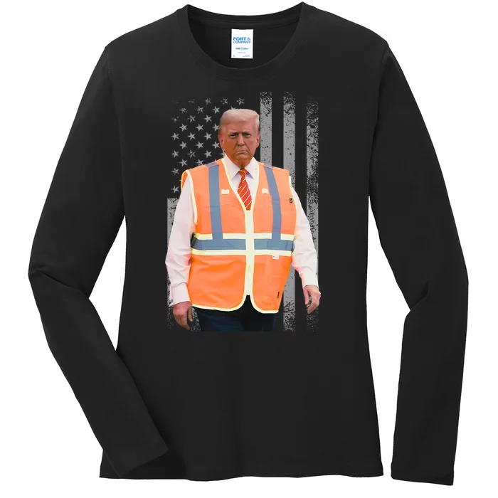 President Trump Garbage Truck Worker Vest Usa Flag Maga 2025 Ladies Long Sleeve Shirt