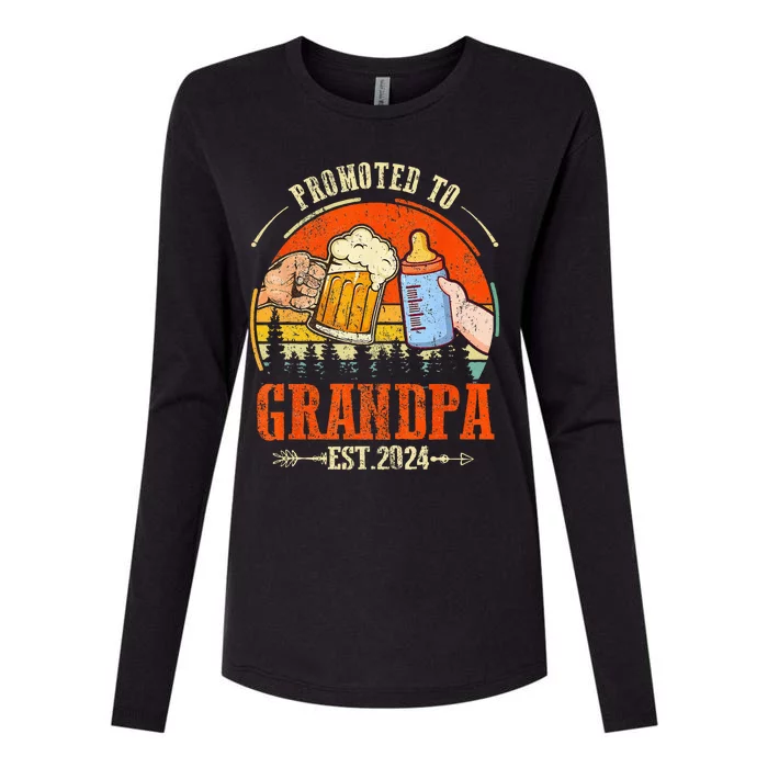 Promoted to Grandpa Est 2024 Retro Fathers Day New Grandpa Womens Cotton Relaxed Long Sleeve T-Shirt