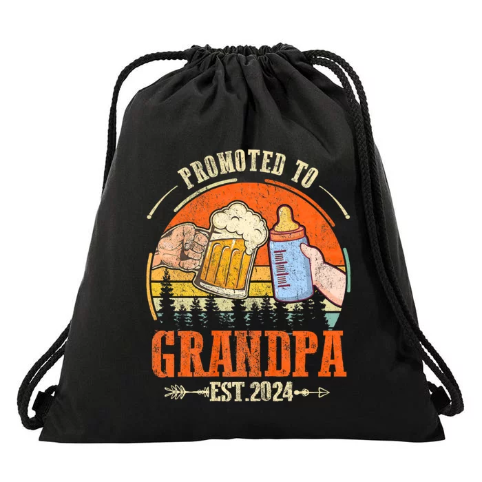 Promoted To Grandpa Est 2024 Retro Fathers Day New Grandpa Drawstring Bag