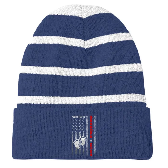 Promoted To Grandpa 2024 American Flag New Papa Patriotic Striped Beanie with Solid Band