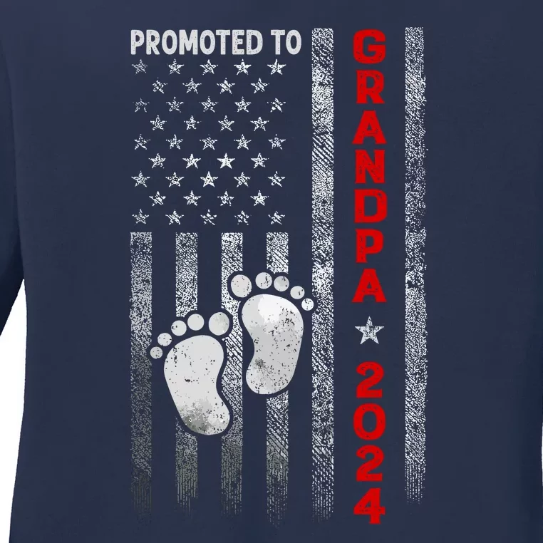 Promoted To Grandpa 2024 American Flag New Papa Patriotic Ladies Long Sleeve Shirt