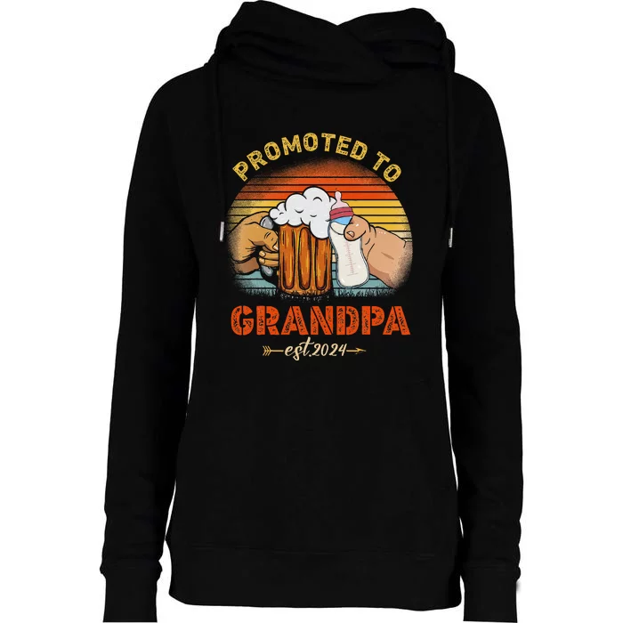 Promoted To Grandpa Est 2024 Fathers Day Vintage Womens Funnel Neck Pullover Hood