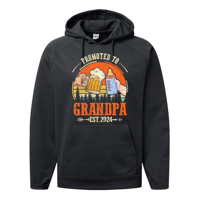 Promoted To Grandpa Est 2024 Retro Fathers Day New Grandpa Performance Fleece Hoodie