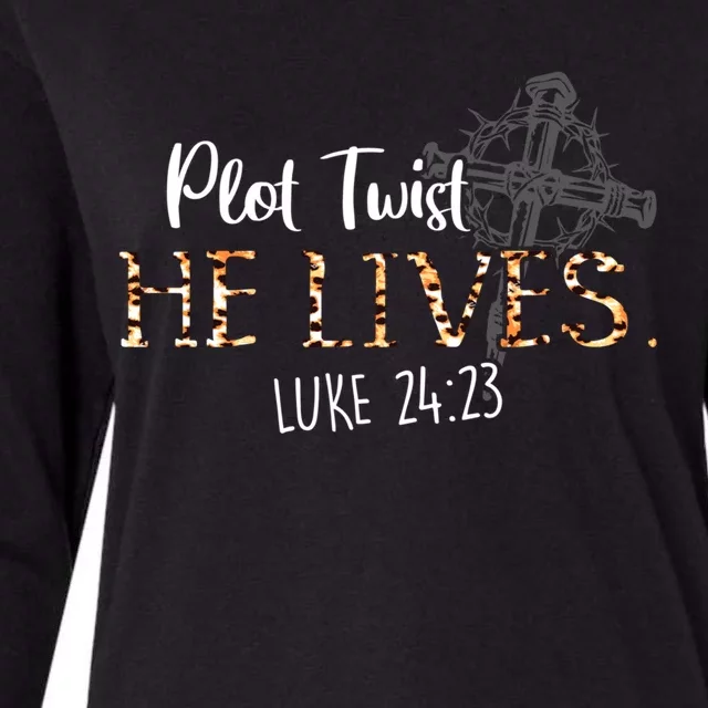 Plot Twist He Lives Jesus Is Alive Luke 24 Gift Easter Leopard Gift Womens Cotton Relaxed Long Sleeve T-Shirt