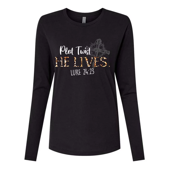 Plot Twist He Lives Jesus Is Alive Luke 24 Gift Easter Leopard Gift Womens Cotton Relaxed Long Sleeve T-Shirt