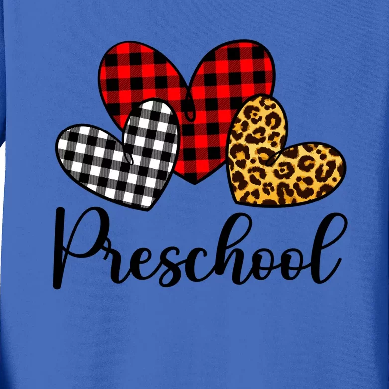 Preschool Teacher Happy Valentines Day Red Plaid Leopard Meaningful Gift Kids Long Sleeve Shirt