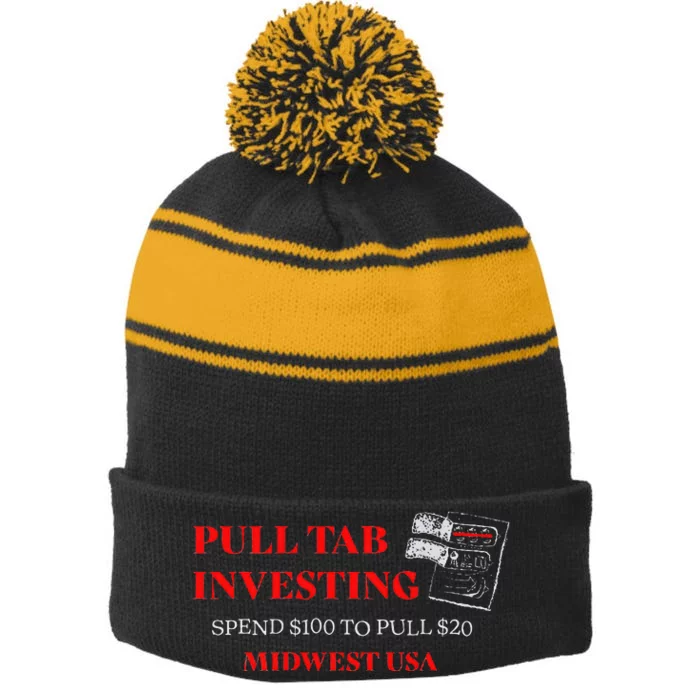 Pull Tab Investing Stripe Pom Pom Beanie