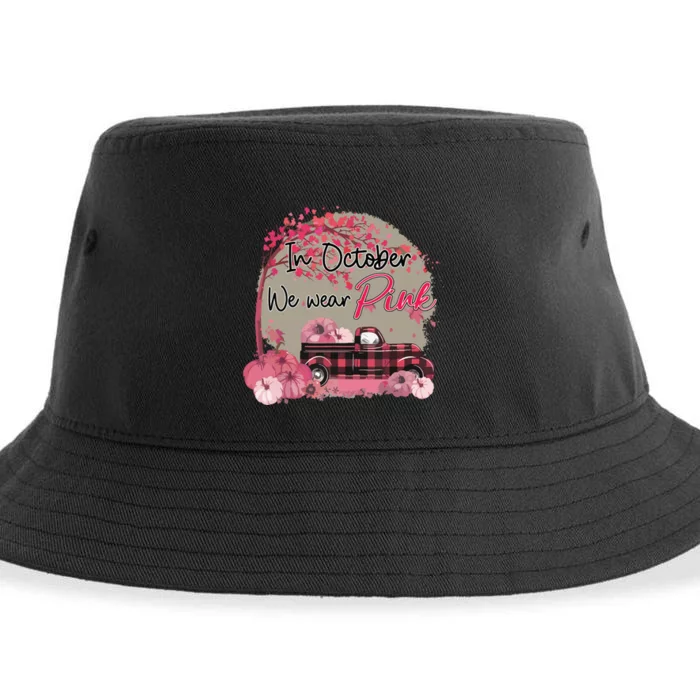 Pumpkin Truck In October We Wear Pink Breast Cancer Sustainable Bucket Hat