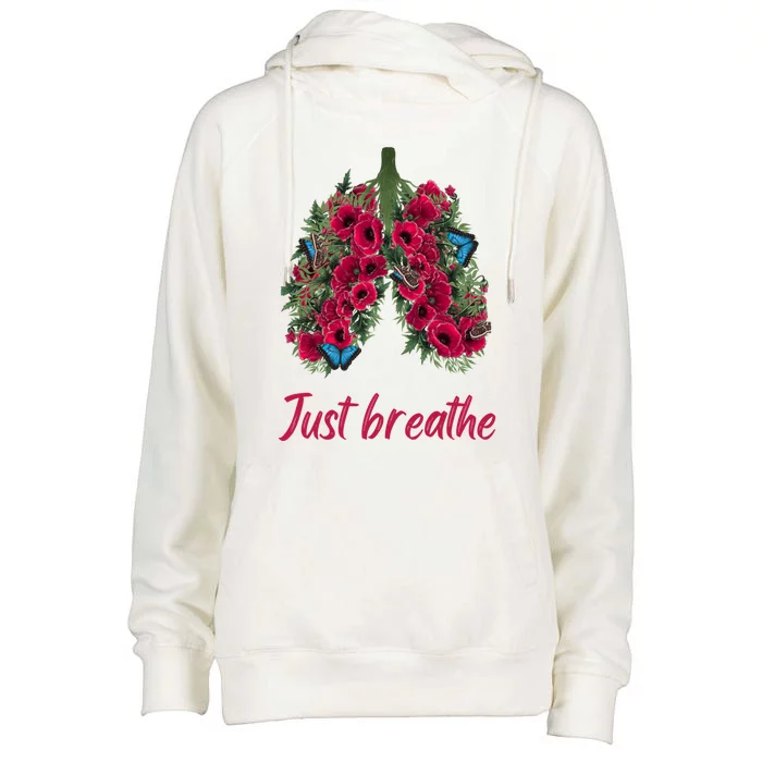 Positive Thinking Just Breathe Poppy Floral Lungs Nature Gift Womens Funnel Neck Pullover Hood