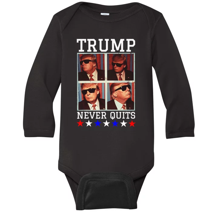 President Trump Never Quits Djt Cool Trump In Sunglasses Baby Long Sleeve Bodysuit