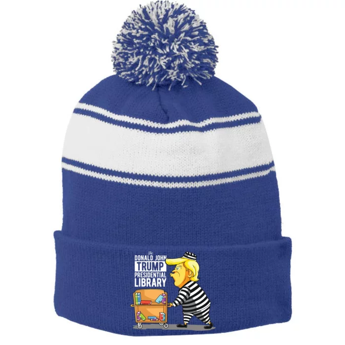 Prison Trump Presidential Library Funny Anti Trump Stripe Pom Pom Beanie