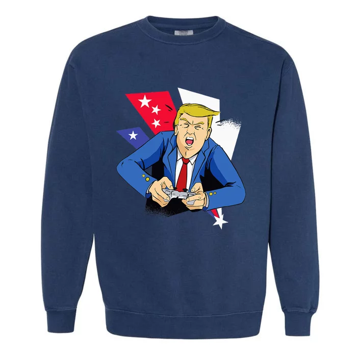 President Trump Playing Video Games 4th July Garment-Dyed Sweatshirt