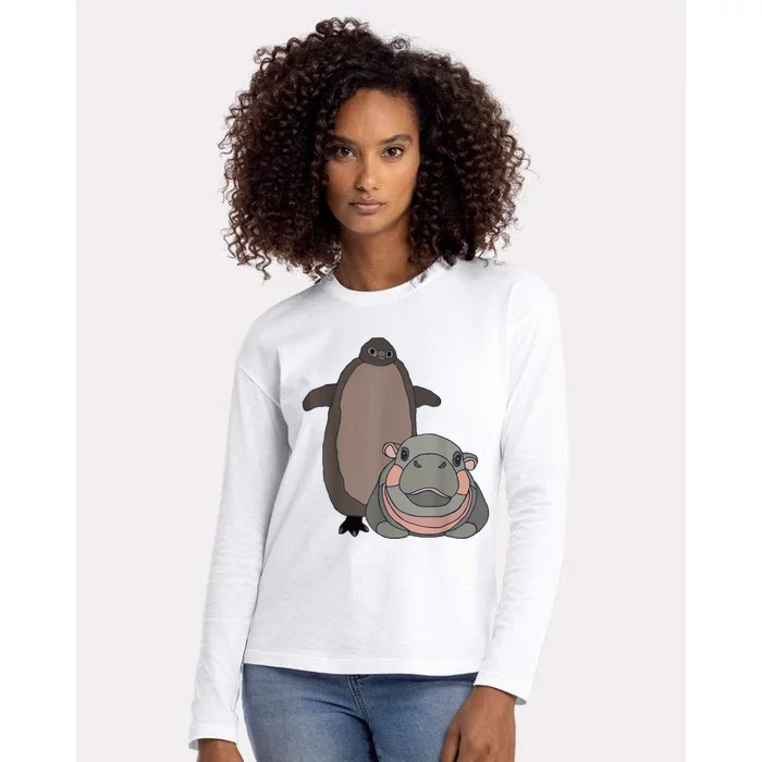 Pesto The Penguin And Moo Deng The Baby Hippo Funny Womens Cotton Relaxed Long Sleeve T-Shirt