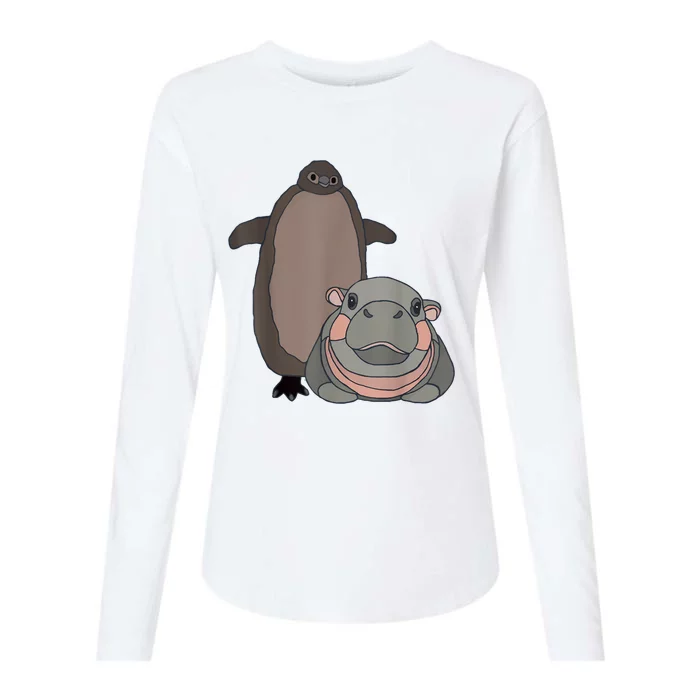 Pesto The Penguin And Moo Deng The Baby Hippo Funny Womens Cotton Relaxed Long Sleeve T-Shirt