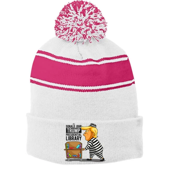 Prison Trump Presidential Library Funny Anti Trump Stripe Pom Pom Beanie