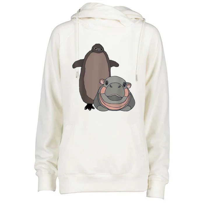 Pesto The Penguin And Moo Deng The Baby Hippo Funny Womens Funnel Neck Pullover Hood