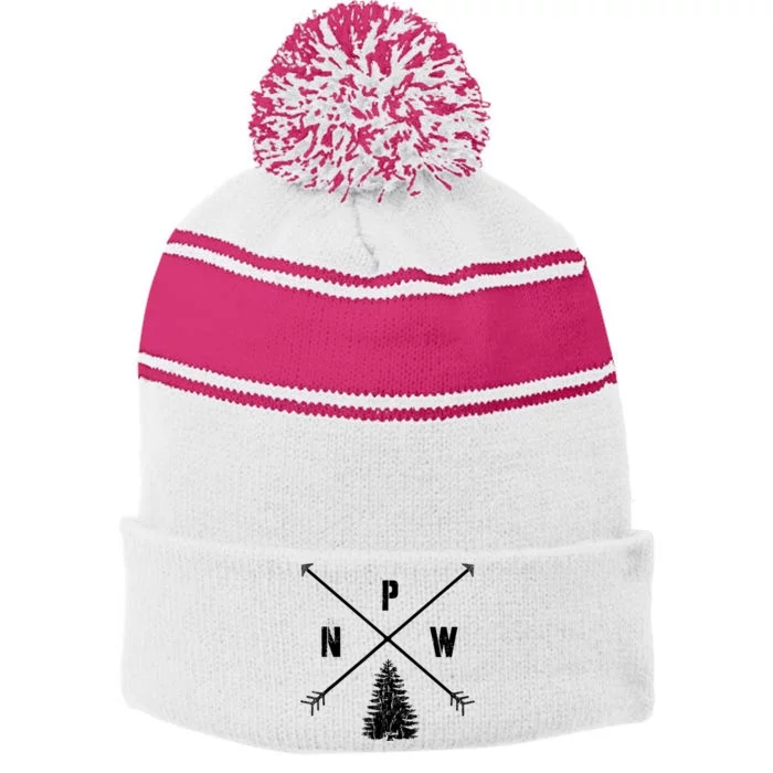 Pine Tree Pacific Northwest PNW Arrows Stripe Pom Pom Beanie