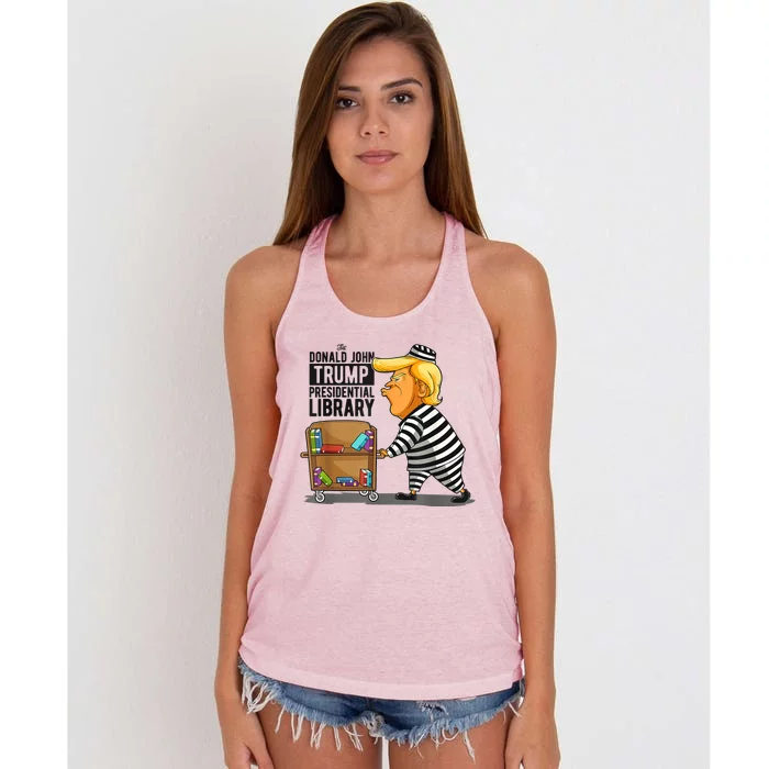 Prison Trump Presidential Library Funny Anti Trump Women's Knotted Racerback Tank