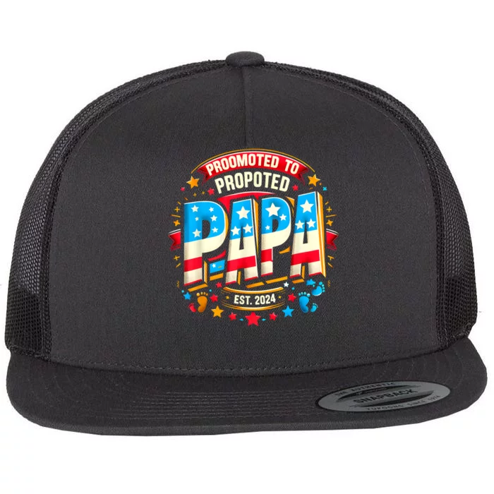 Promoted To Papa Est. 2024 New Papa Fathers Day Flat Bill Trucker Hat