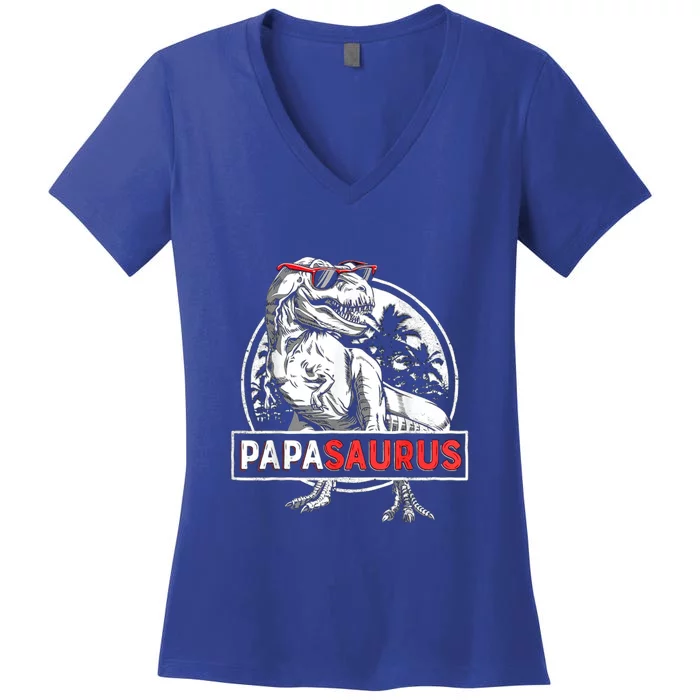 Papasaurus T Rex Dinosaur Funny Papa Saurus Fathers Family Gift Women's V-Neck T-Shirt