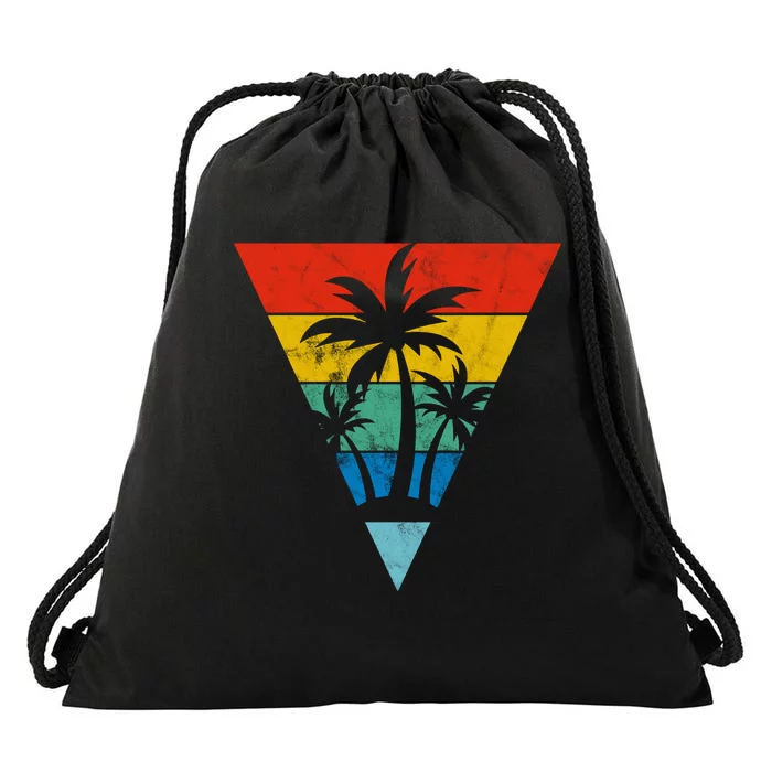 Palm Trees Retro Triangle Sunset Drawstring Bag