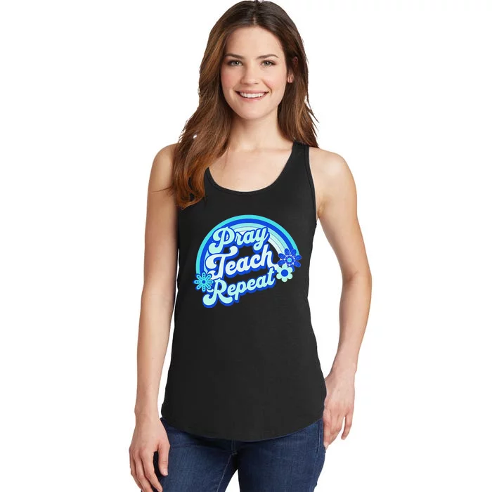 Pray Teach Repeat Groovy Back To School Christian Homeschool Ladies Essential Tank