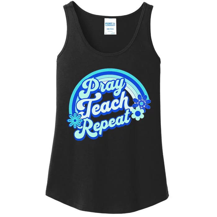 Pray Teach Repeat Groovy Back To School Christian Homeschool Ladies Essential Tank