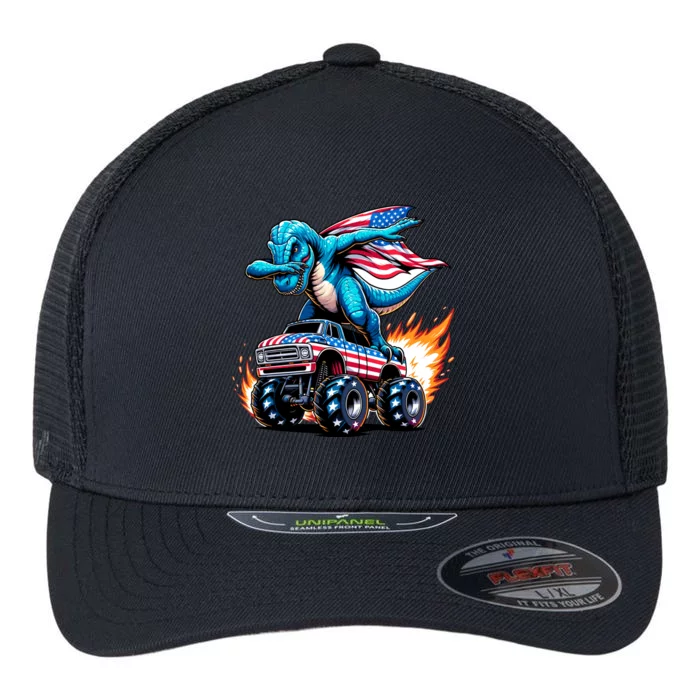 Patriotic T Rex Dabbing Monster Truck Flexfit Unipanel Trucker Cap