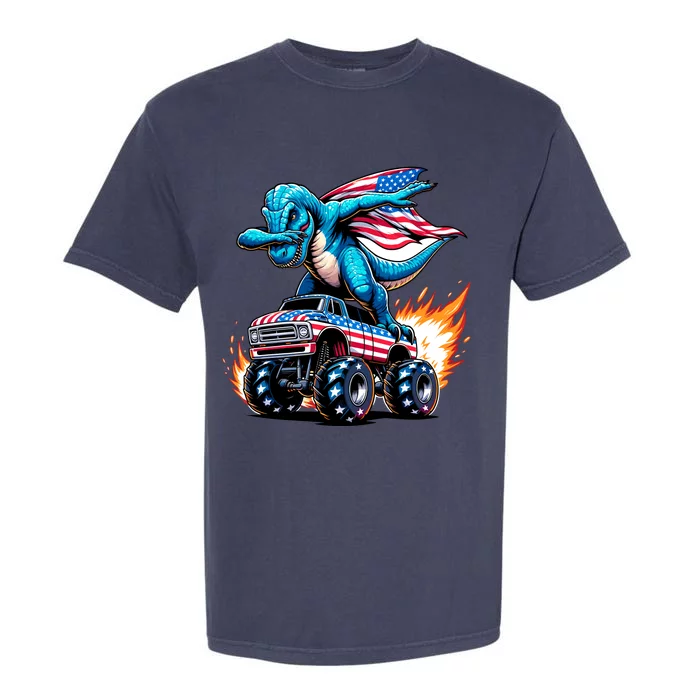 Patriotic T Rex Dabbing Monster Truck Garment-Dyed Heavyweight T-Shirt