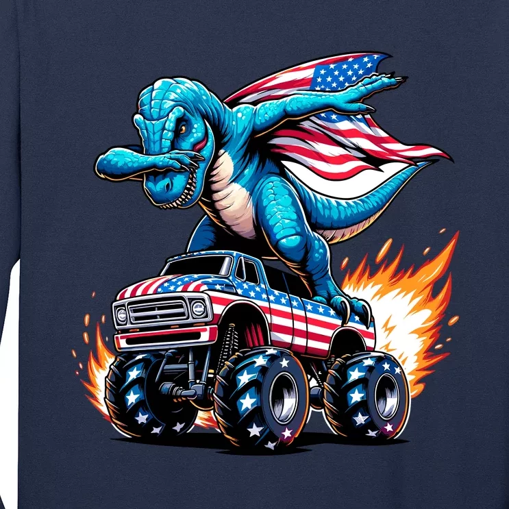 Patriotic T Rex Dabbing Monster Truck Long Sleeve Shirt