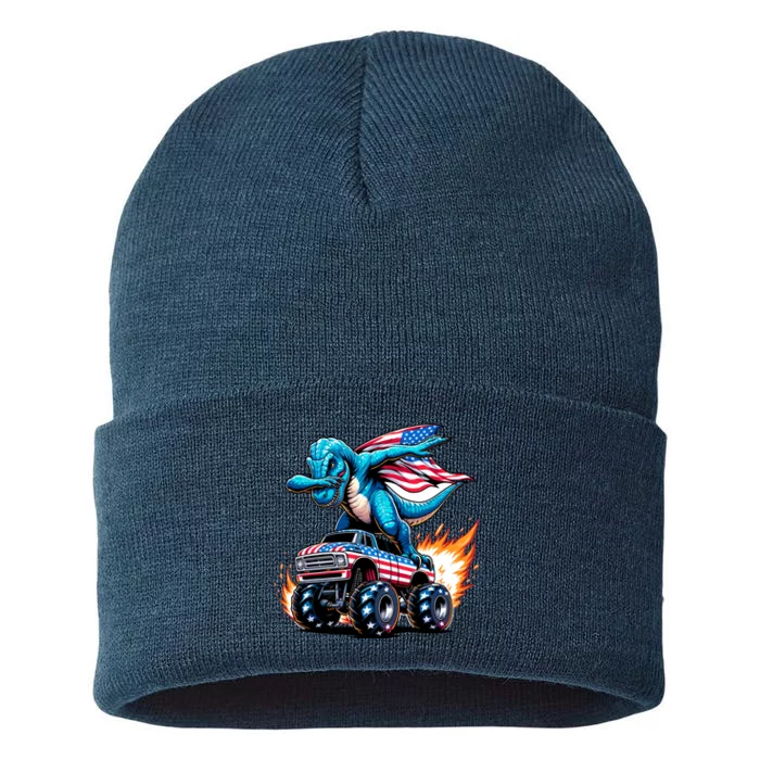 Patriotic T Rex Dabbing Monster Truck Sustainable Knit Beanie