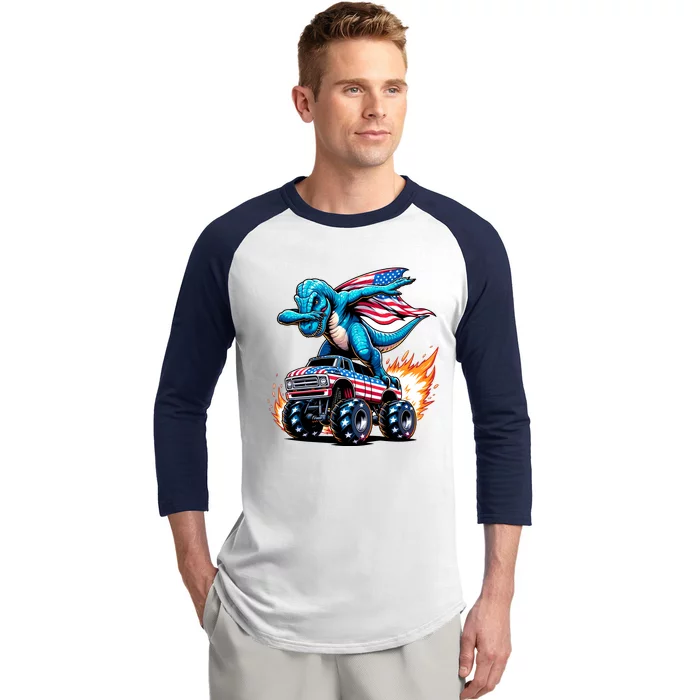 Patriotic T Rex Dabbing Monster Truck Baseball Sleeve Shirt