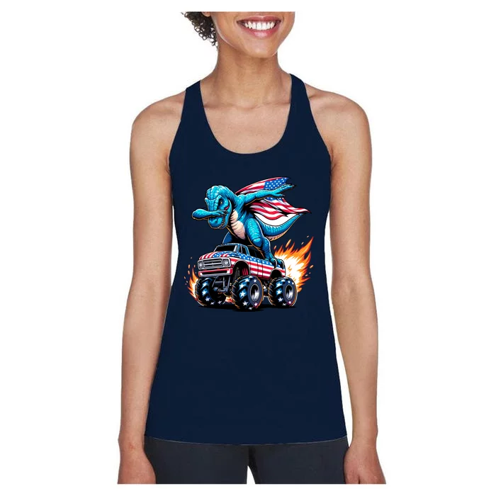 Patriotic T Rex Dabbing Monster Truck Women's Racerback Tank