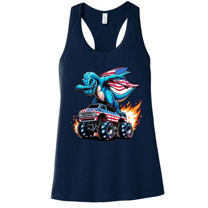 Patriotic T Rex Dabbing Monster Truck Women's Racerback Tank