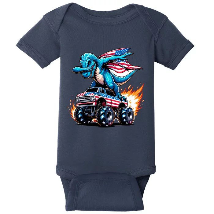 Patriotic T Rex Dabbing Monster Truck Baby Bodysuit