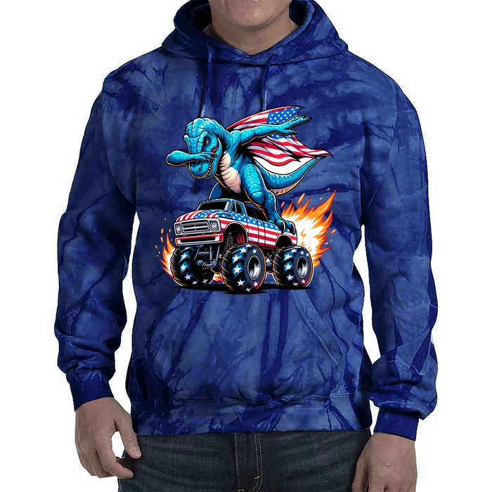 Patriotic T Rex Dabbing Monster Truck Tie Dye Hoodie