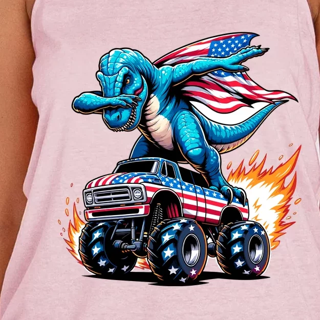 Patriotic T Rex Dabbing Monster Truck Women's Knotted Racerback Tank