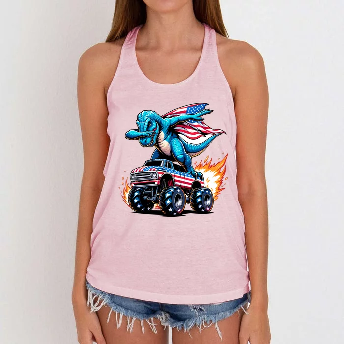 Patriotic T Rex Dabbing Monster Truck Women's Knotted Racerback Tank