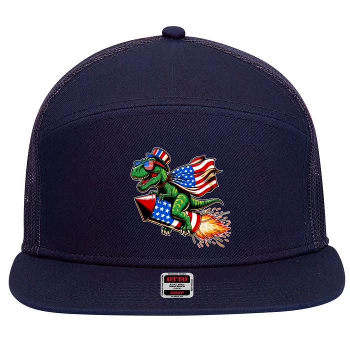 Patriotic T Rex Riding Firework 4th Of July 7 Panel Mesh Trucker Snapback Hat