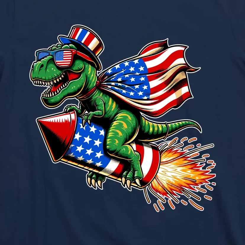 Patriotic T Rex Riding Firework 4th Of July T-Shirt