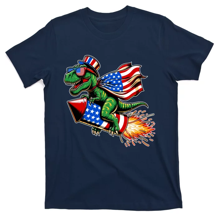 Patriotic T Rex Riding Firework 4th Of July T-Shirt