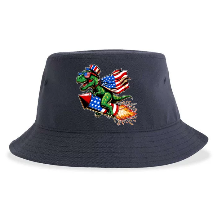 Patriotic T Rex Riding Firework 4th Of July Sustainable Bucket Hat