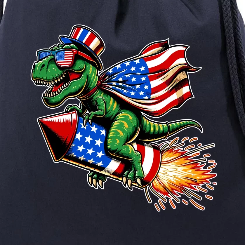 Patriotic T Rex Riding Firework 4th Of July Drawstring Bag