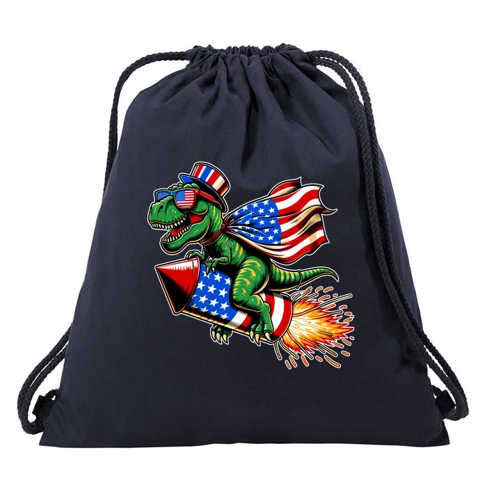 Patriotic T Rex Riding Firework 4th Of July Drawstring Bag