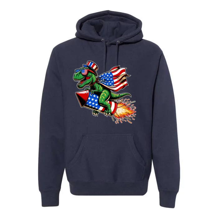 Patriotic T Rex Riding Firework 4th Of July Premium Hoodie